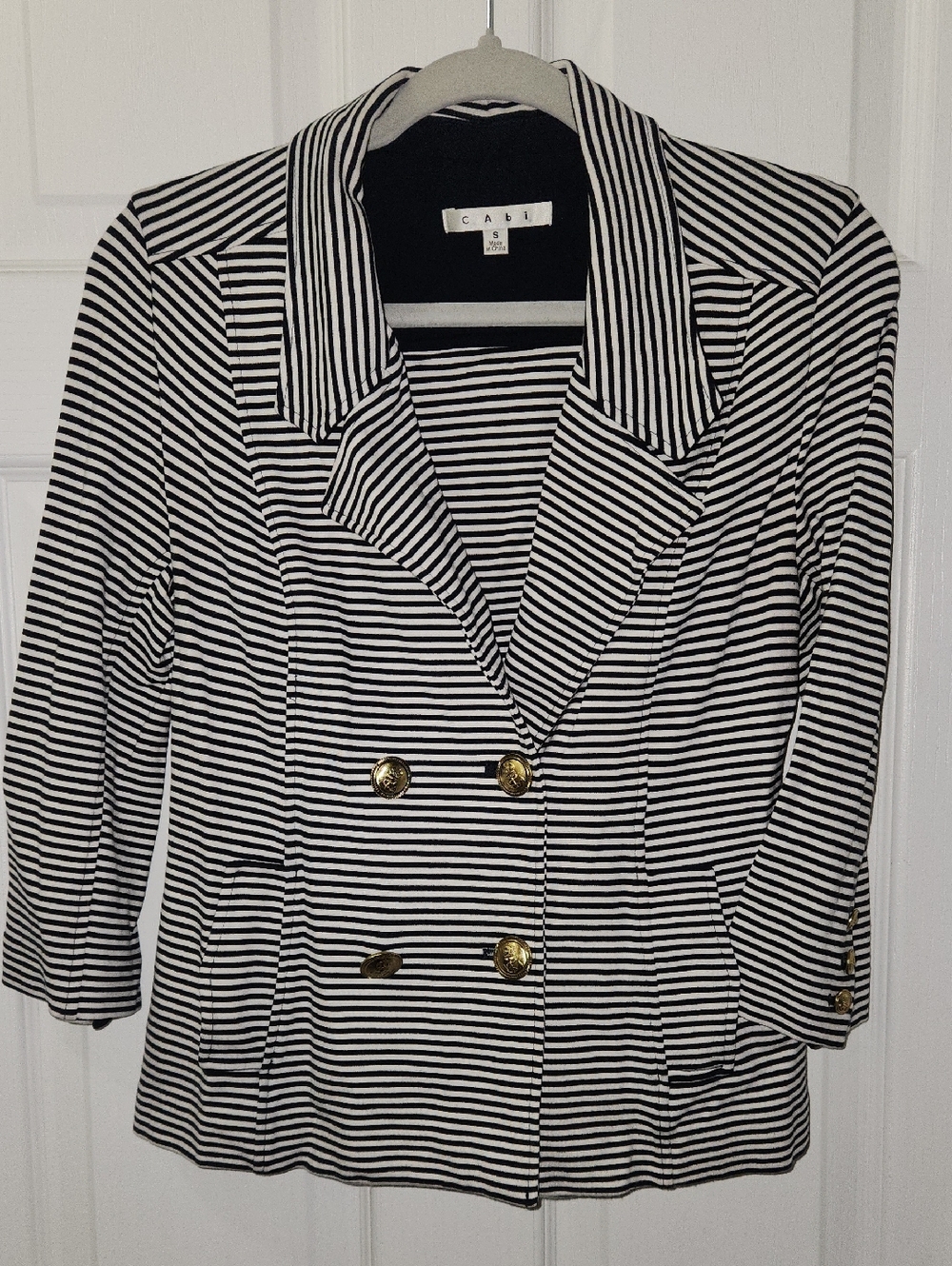 CAbi Black & White Striped Double-Breasted Blazer with Gold Buttons